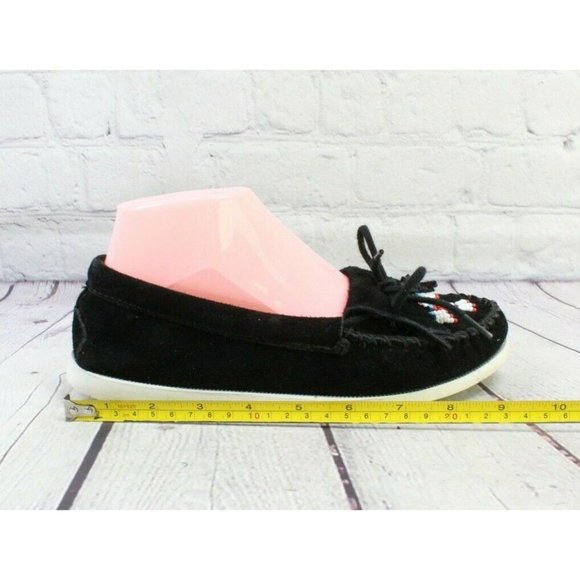 Minnetonka Black Suede Beaded Moccasins Slip On Flat Shoes Size 8 - Picture 7 of 9